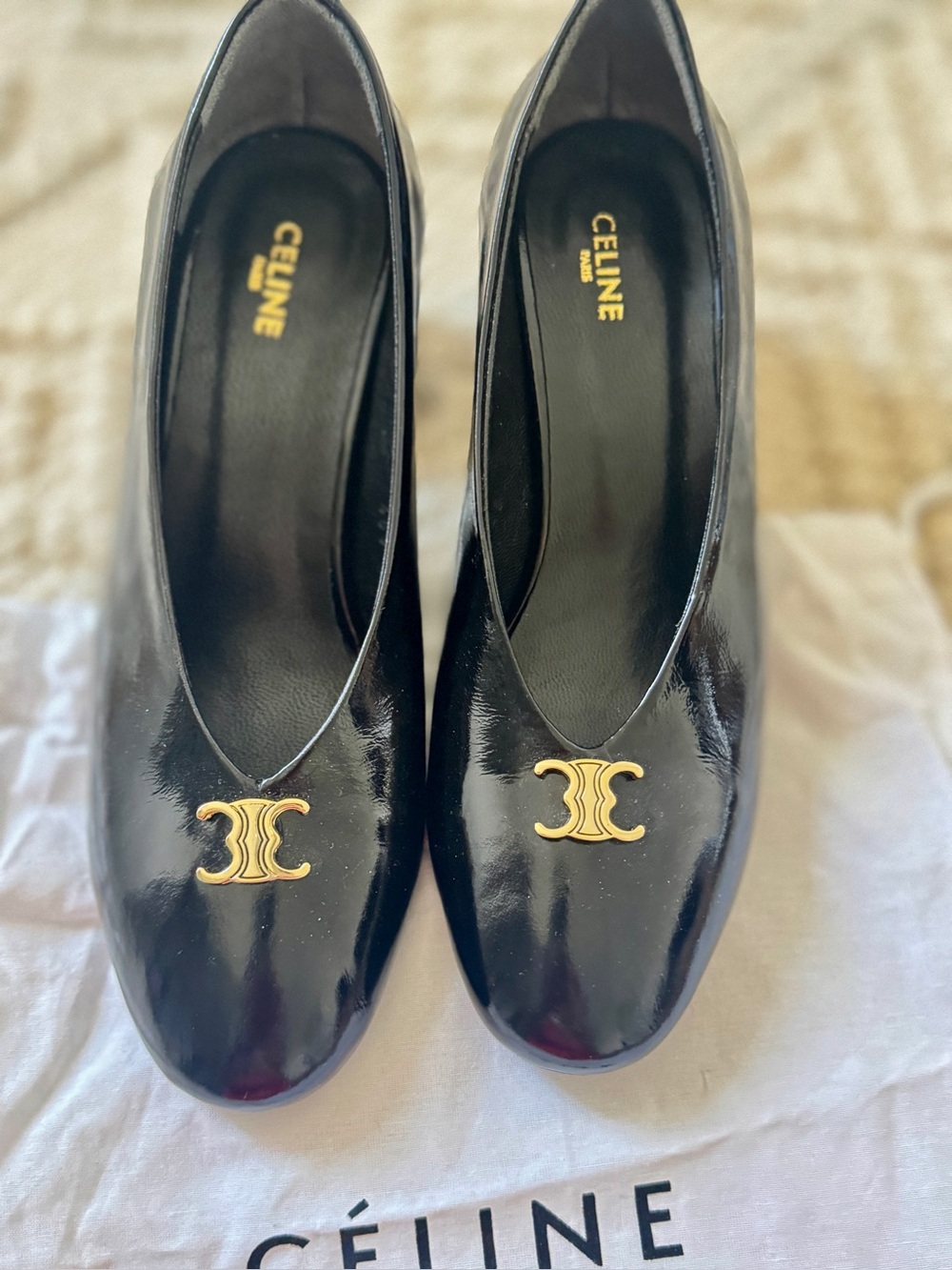 Celine Black Patent Leather Pumps with Gold Double C Logo - Picture 4 of 12